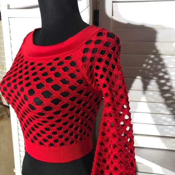 Vintage Red Y2K Mesh Top Fishnet Stretch Long Sleeve Size S M - Picture 6 of 9
